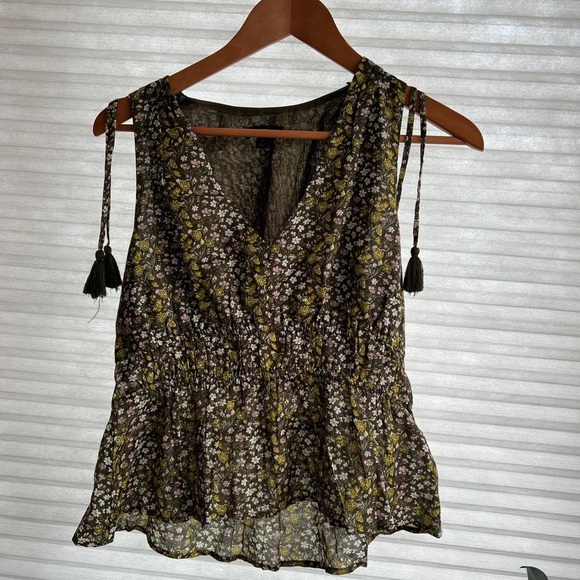 J. Crew V-neck Cotton Voile Top Green Floral Stripe Sleeveless Peplum Small - Picture 5 of 8